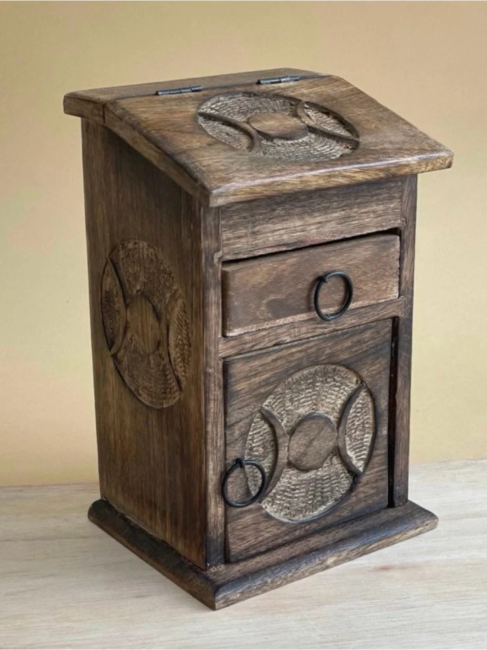 Handmade Wooden Triple Moon Goddess Storage Box – 10” – Multi-Compartment Altar